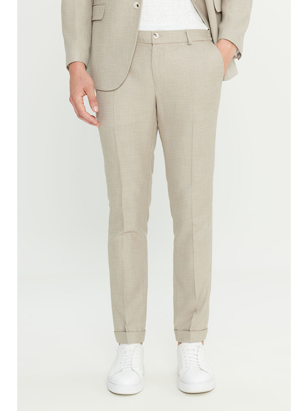 Erkek Bej Slim Fit Dar Kesim Kırlangıç Yaka Kapak Cepli Çizgili Takım Elbise-4