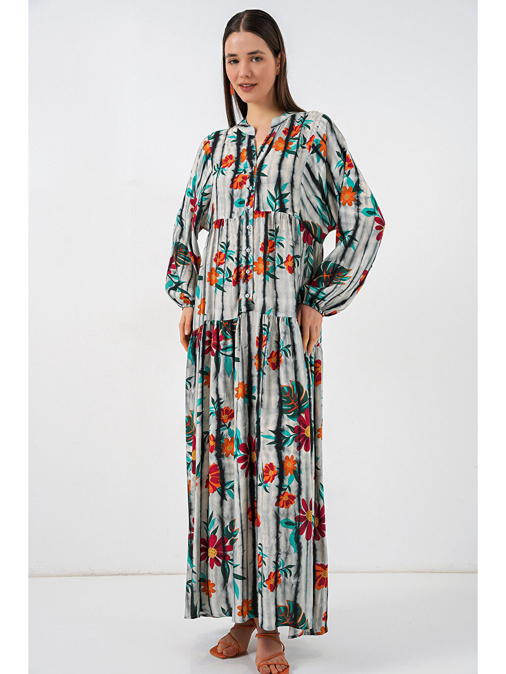 Kadın Desenli Uzun Tesettür Elbise 2585 - K. Antrasit-3