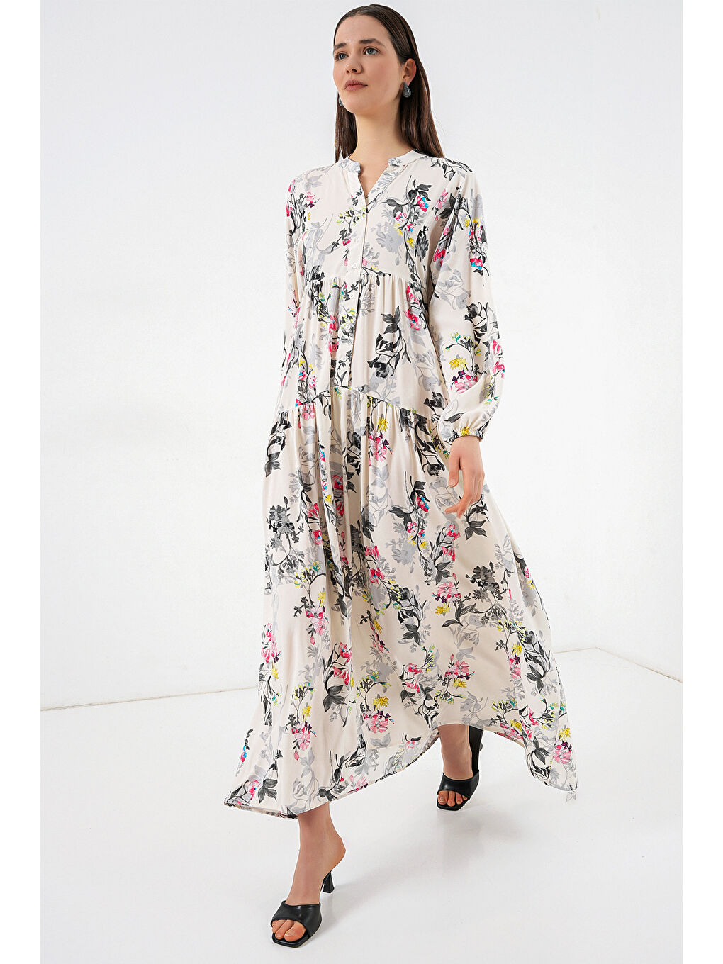 Kadın Desenli Uzun Tesettür Elbise 2585 - F.Gri