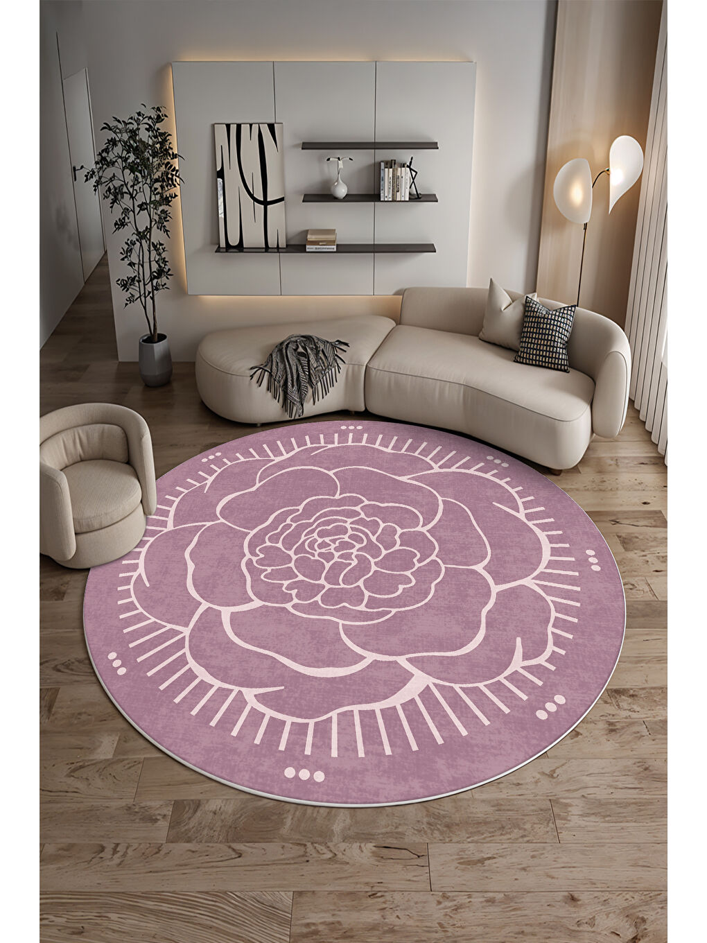 Pembe Dekoratif Salon Halısı, Makinada Yıkanabilir, Kaymaz Taban, İnce & Modern Tasarım-4