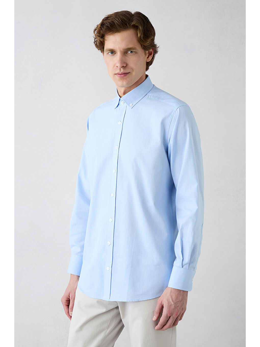 Mavi Uzun Kol Regular Fit Düğmeli Yaka Pamuk Oxford 4 Mevsim Gömlek-1