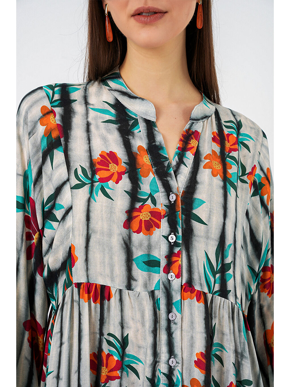 Kadın Desenli Uzun Tesettür Elbise 2585 - K. Antrasit-4