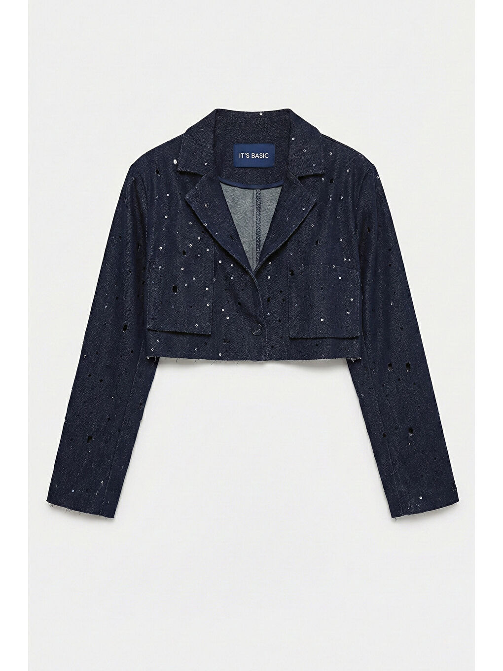 Kadın Lacivert s6-56 Crop Fit Özel Tasarım Delikli Denim Ceket-1