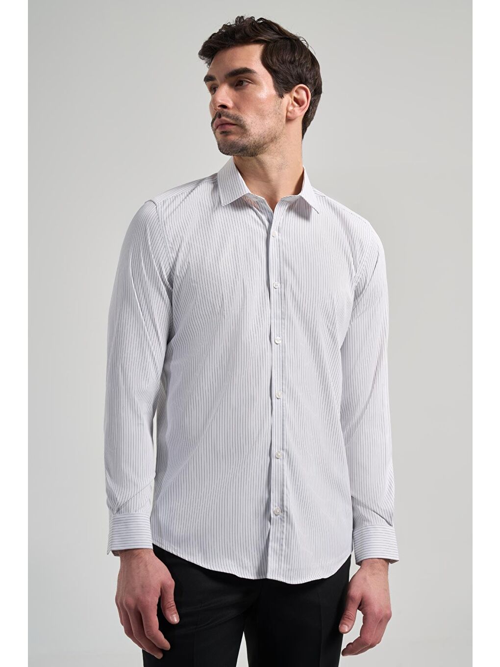 Beyaz Uzun Kol Desen Yarım İtalyan Yaka Cepsiz Esnek Classic Slim Fit Gömlek 1004245217-2