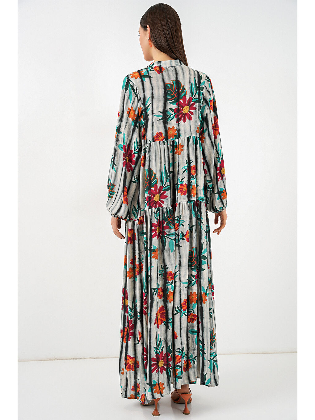 Kadın Desenli Uzun Tesettür Elbise 2585 - K. Antrasit-5