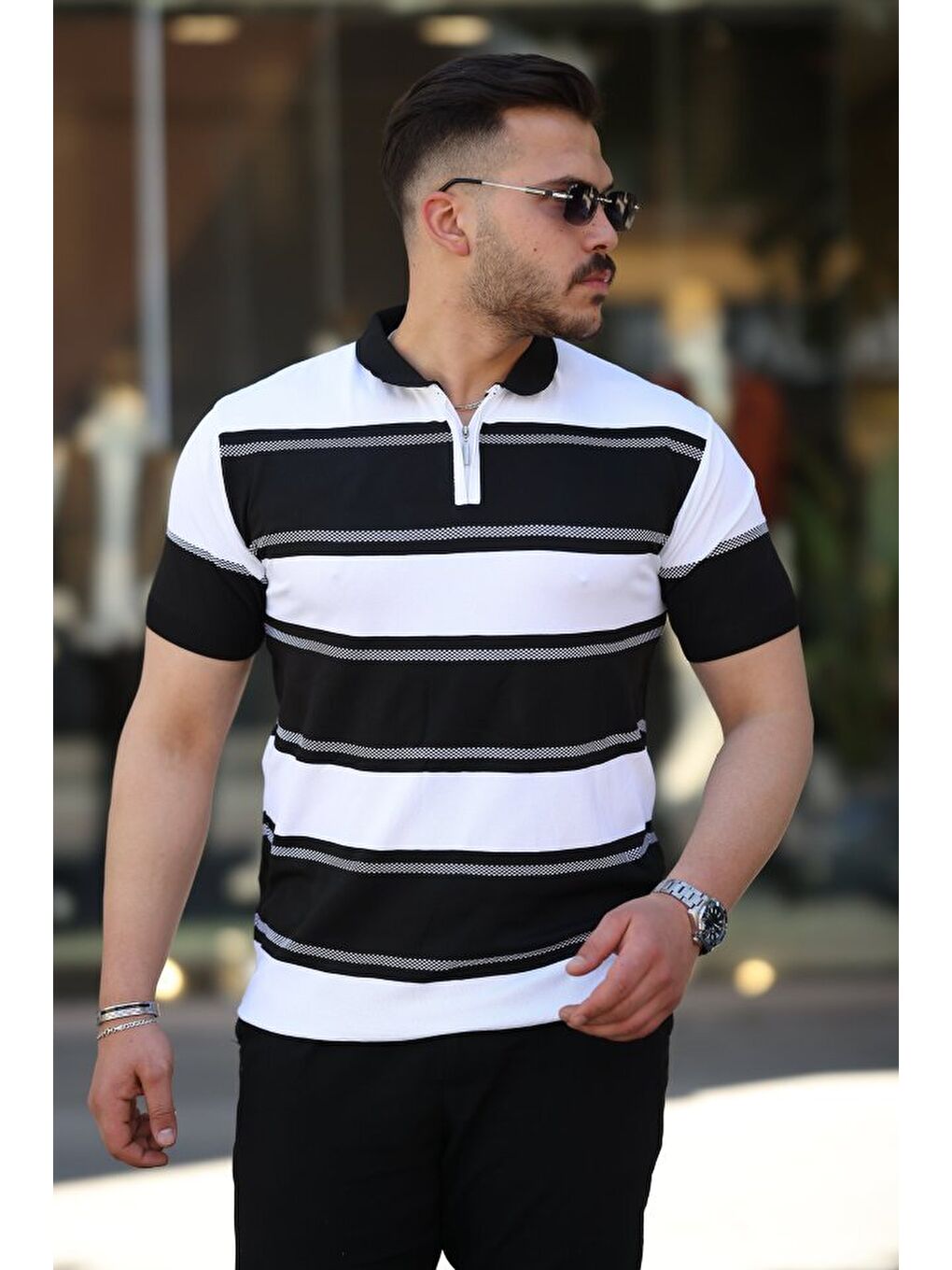 Siyah Erkek Yakalı Fermuarlı çift Renk Kısa Kollu T-shirt