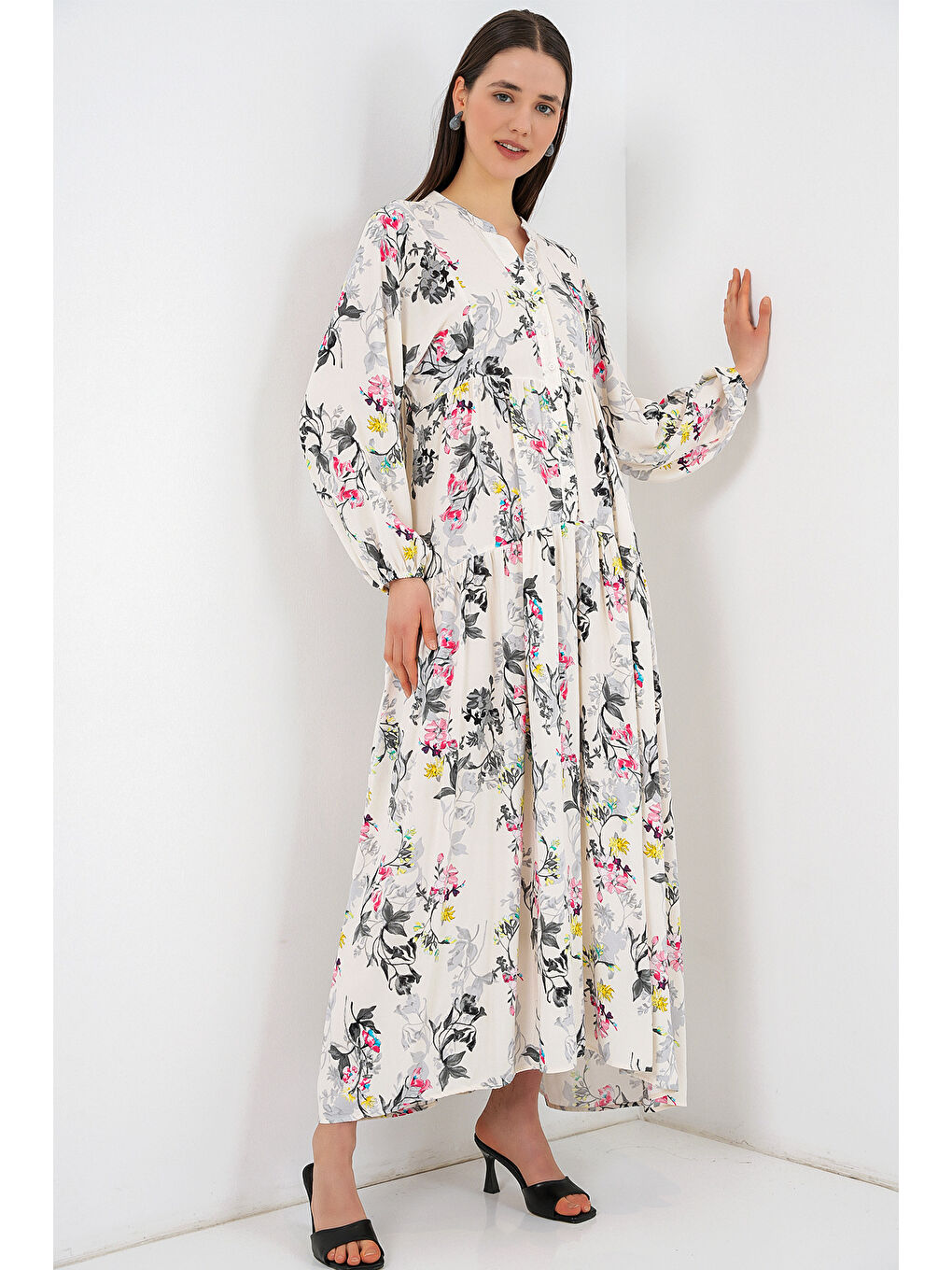 Kadın Desenli Uzun Tesettür Elbise 2585 - F.Gri-1