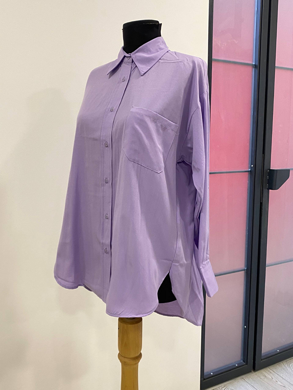 Lila Oversize Arkası Uzun Önü Kısa Poplin Gömlek-1