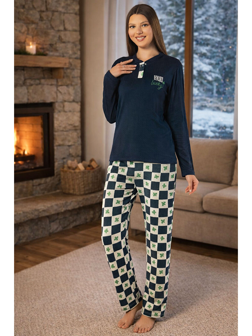 Kadın Termal Uzun Kol Pijama Takımı 4717 Petrol01-2
