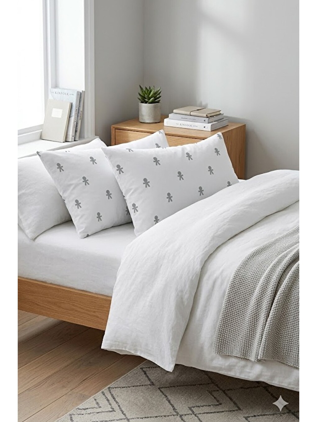2li Paket 50x70 cm Lineer İkon Desenli Pamuklu Yastık Kılıfı Seti Beyaz-Gri-1