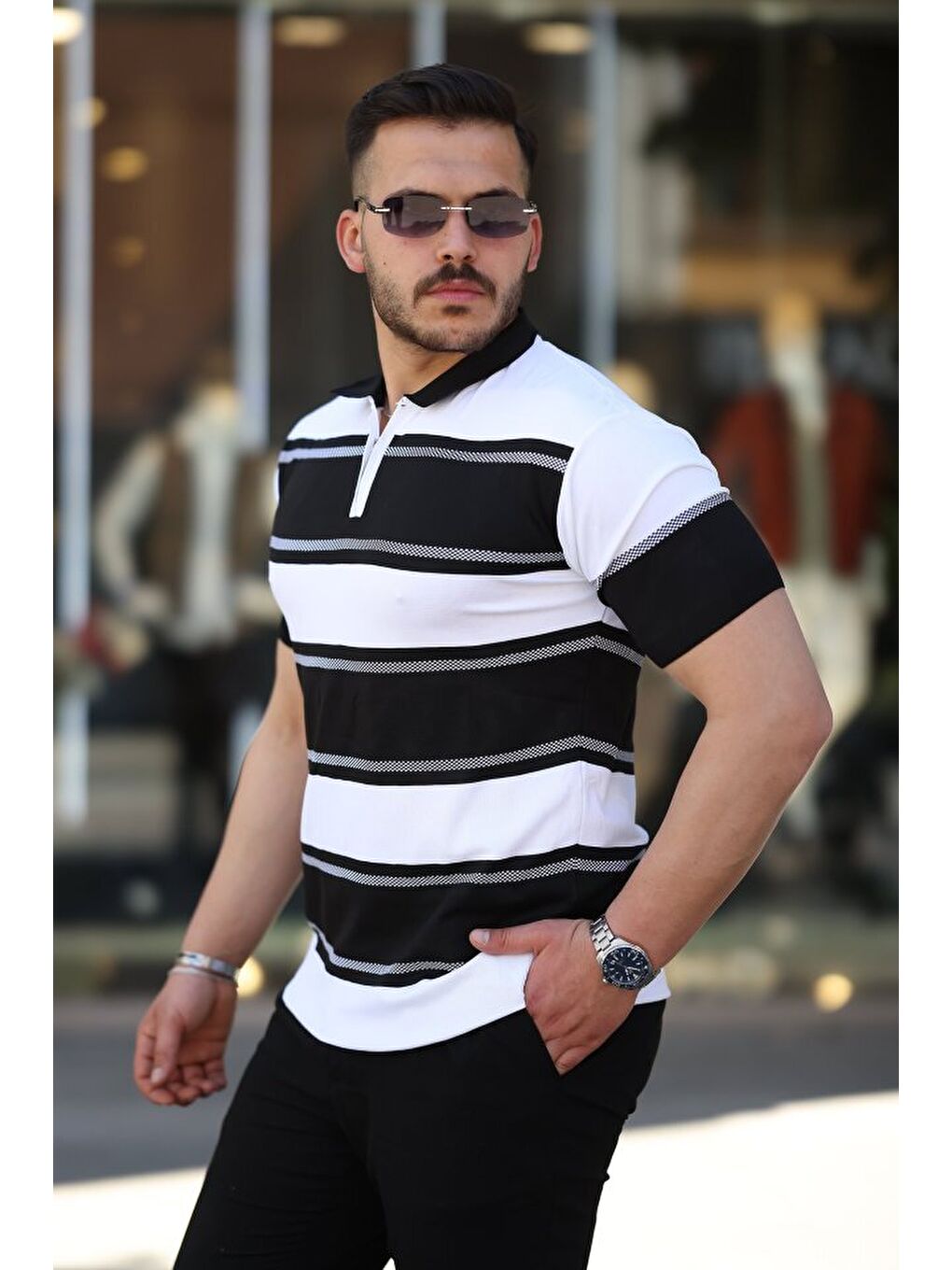 Siyah Erkek Yakalı Fermuarlı çift Renk Kısa Kollu T-shirt-1