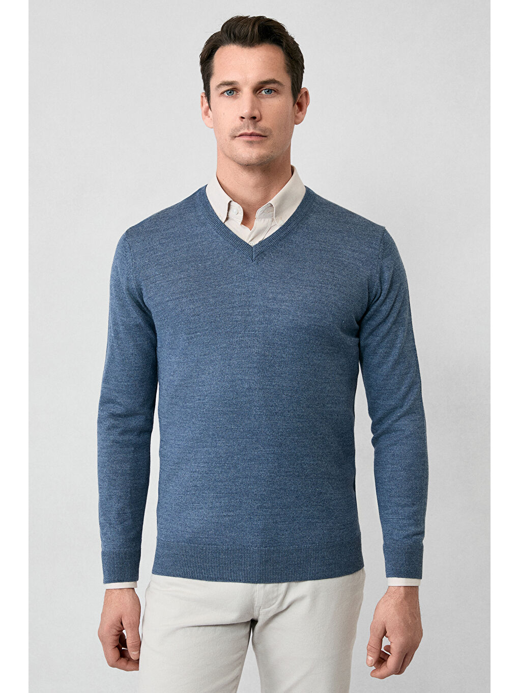İndigo V Yaka Regular Fit Sıcak Tutan Yünlü Triko Kazak-1