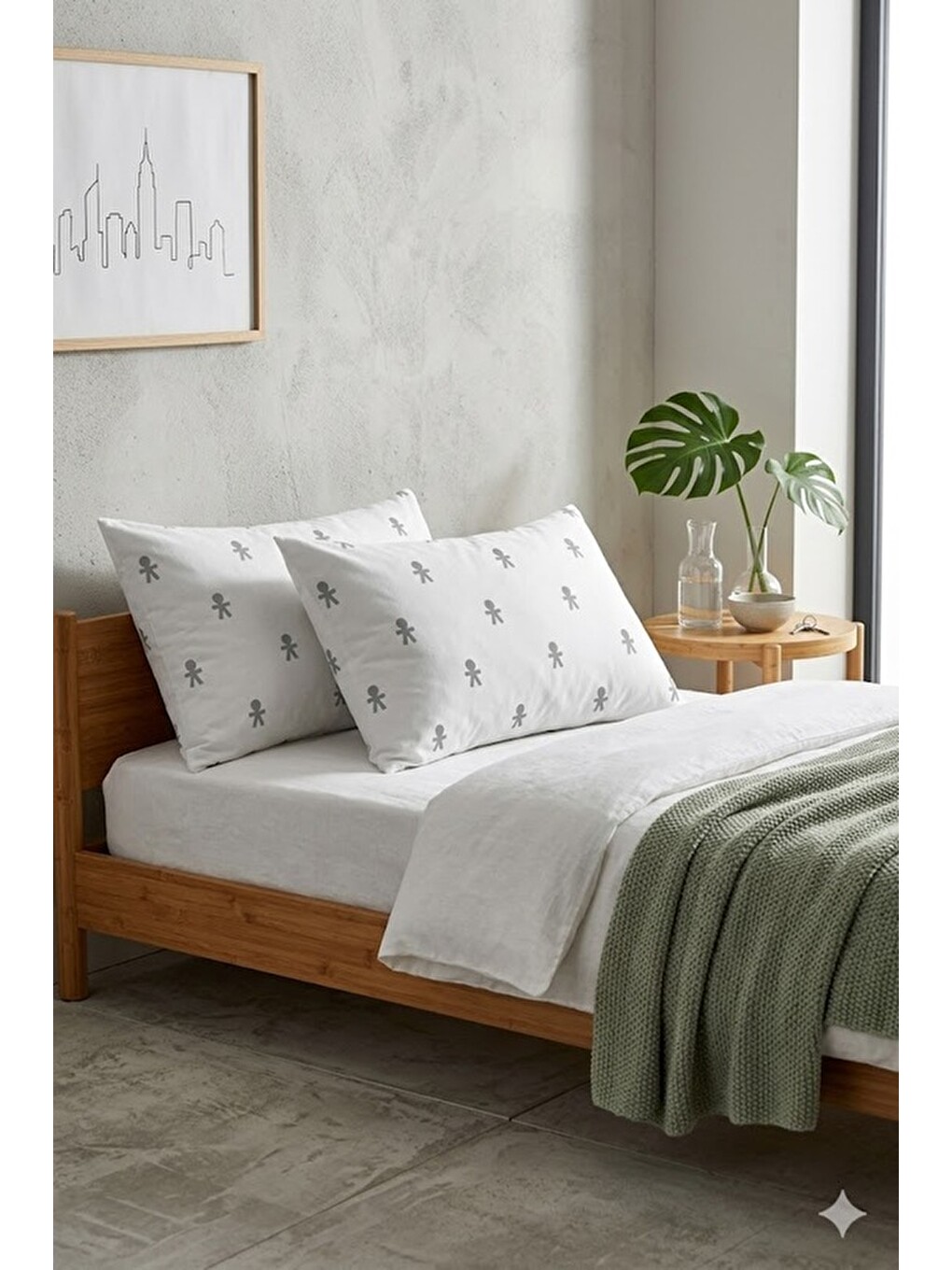 2li Paket 50x70 cm Lineer İkon Desenli Pamuklu Yastık Kılıfı Seti Beyaz-Gri-2