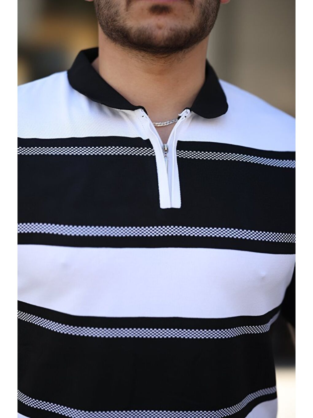 Siyah Erkek Yakalı Fermuarlı çift Renk Kısa Kollu T-shirt-2