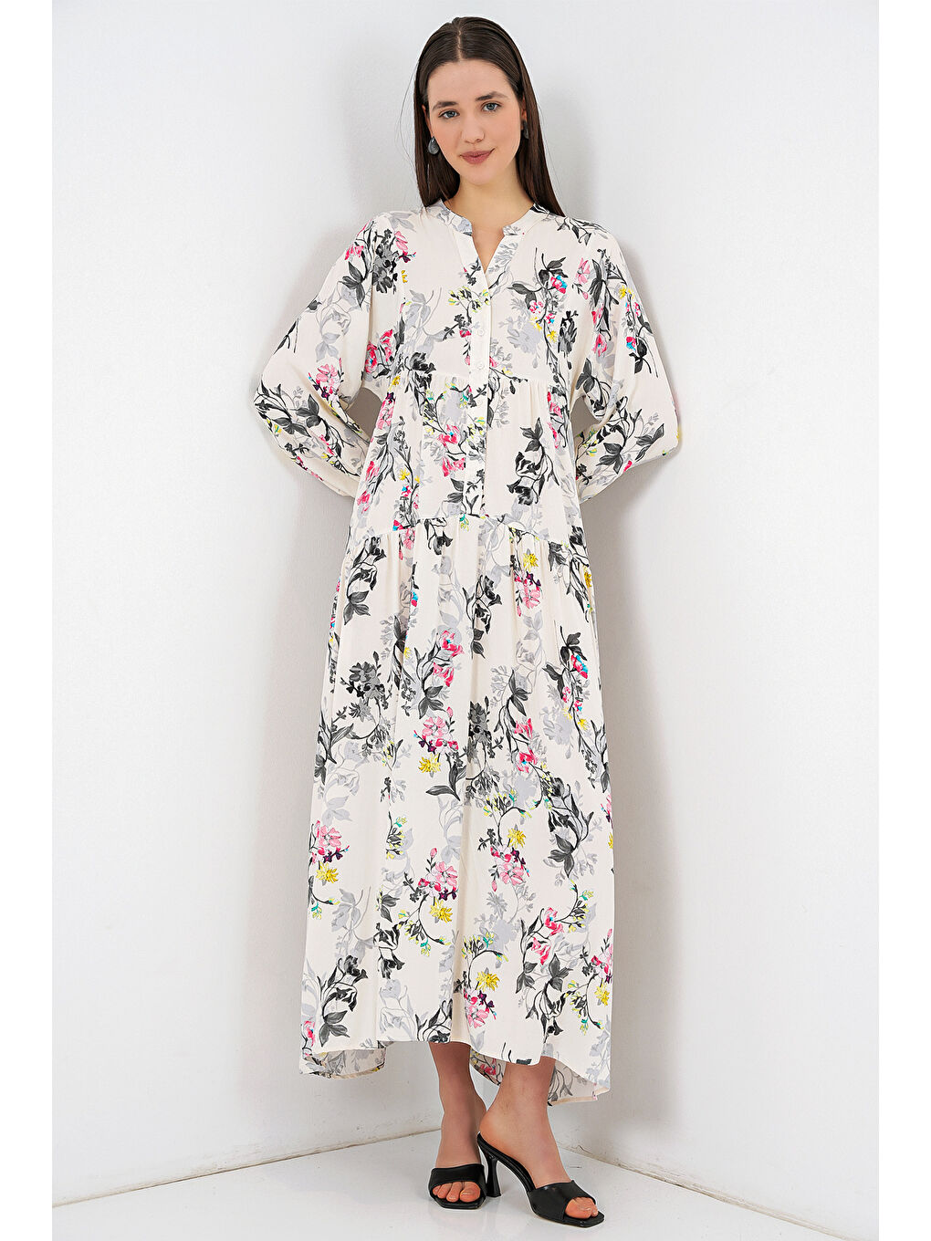 Kadın Desenli Uzun Tesettür Elbise 2585 - F.Gri-2