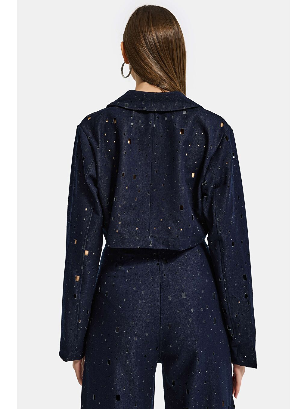 Kadın Lacivert s6-56 Crop Fit Özel Tasarım Delikli Denim Ceket-3