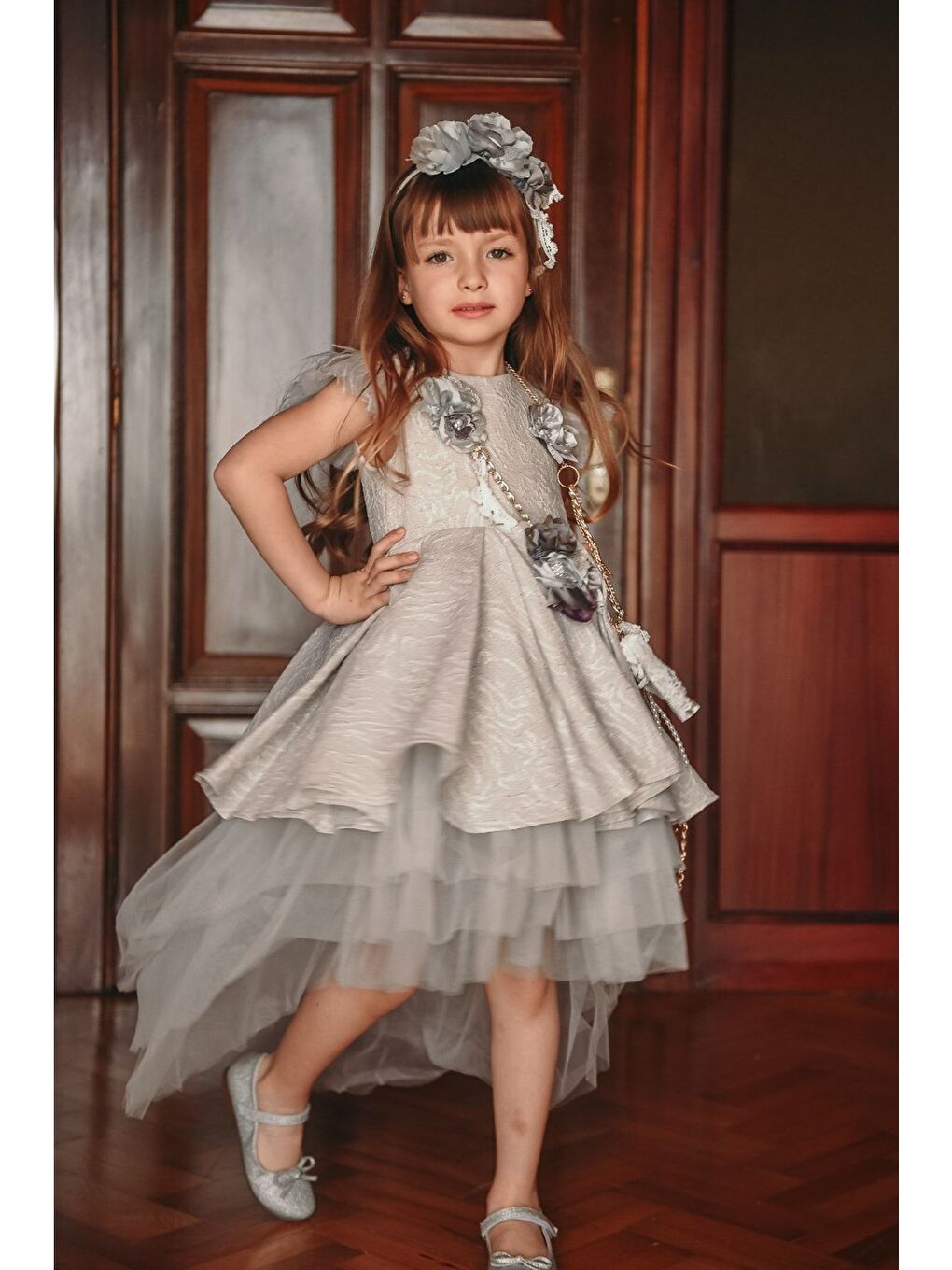 Gri Özel Tasarım Kız Çocuk Elbise, Arkası Uzun Kız Çocuk Abiye Elbise, Saç Aksesuarlı Elbise_M2027-7