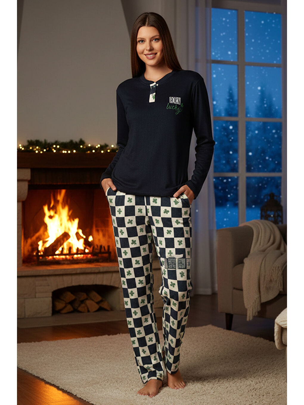 Kadın Termal Uzun Kol Pijama Takımı 4717 Petrol01-3