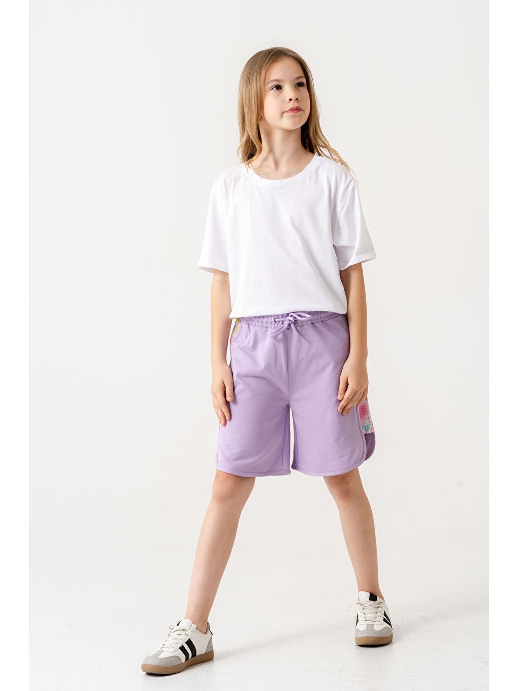Lila Yanları Fileli File Süblime Baskılı Kız Çocuk Şort-2