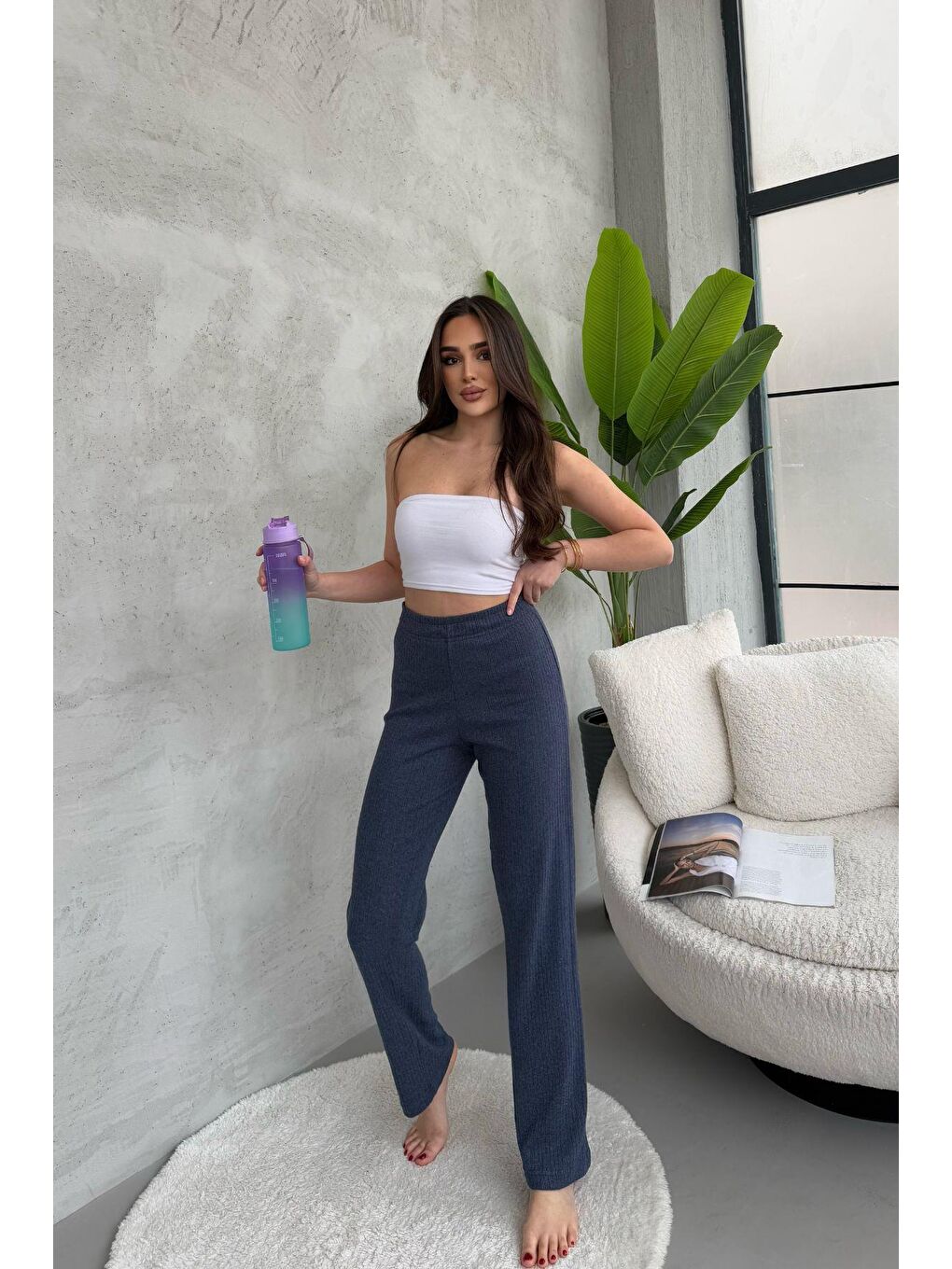 Kadın İndigo Yüksek Bel Fitilli Bol Paça Günlük İnce Eşofman Altı Pijama-1