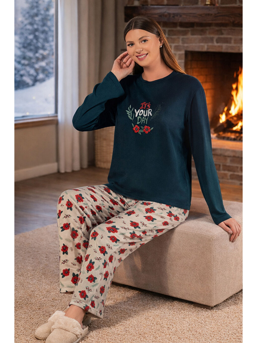 Kadın Termal Uzun Kol Pijama Takımı 4734 Petrol02-1