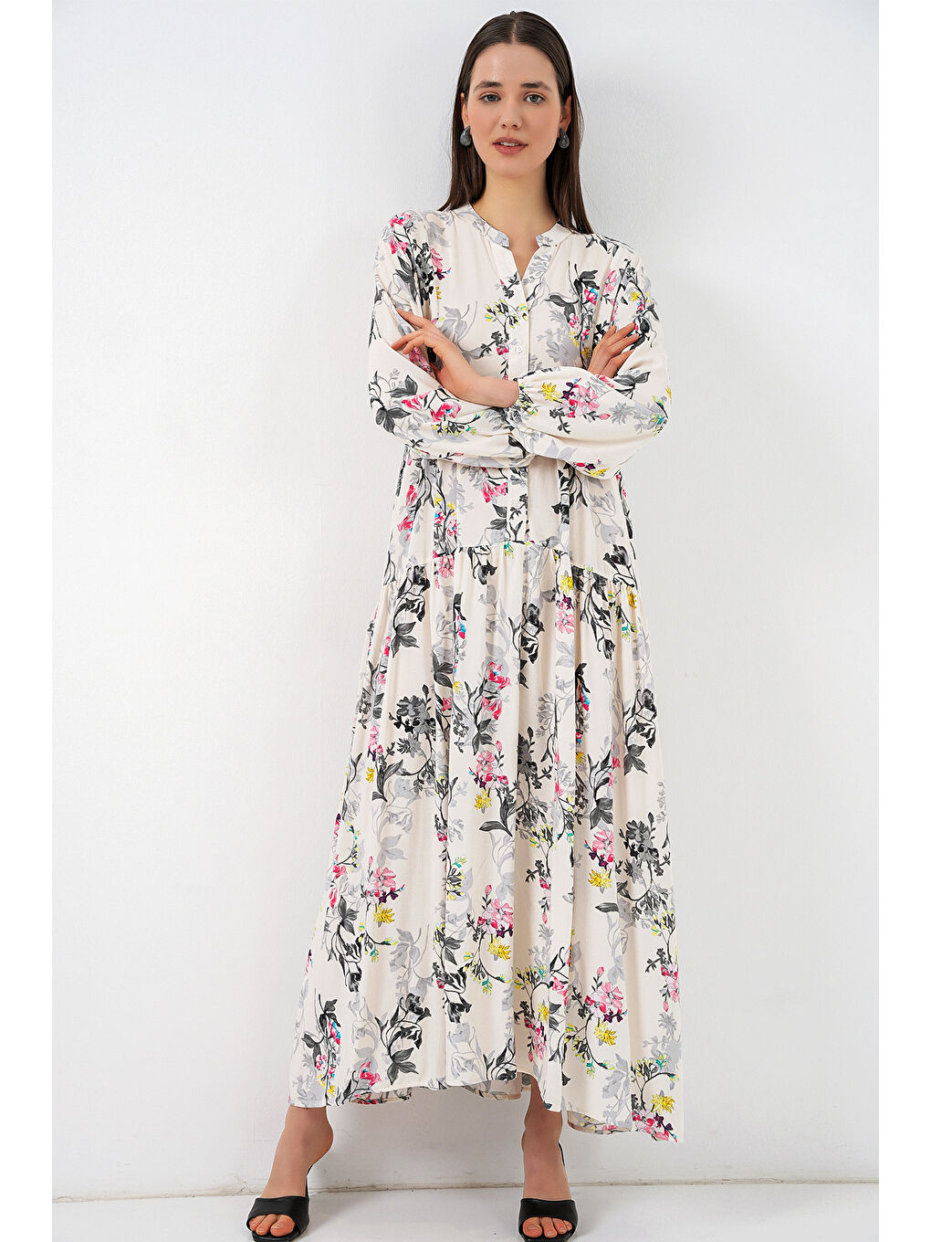 Kadın Desenli Uzun Tesettür Elbise 2585 - F.Gri-3