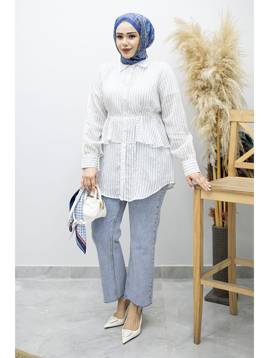Fırfır Detaylı Çizgili Gömlek TSD260160 Beyaz-2