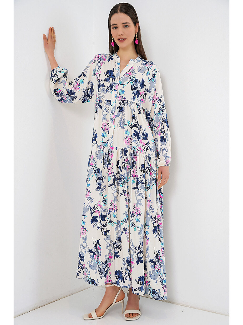 Kadın Desenli Uzun Tesettür Elbise 2585 - Z.Lacivert-2