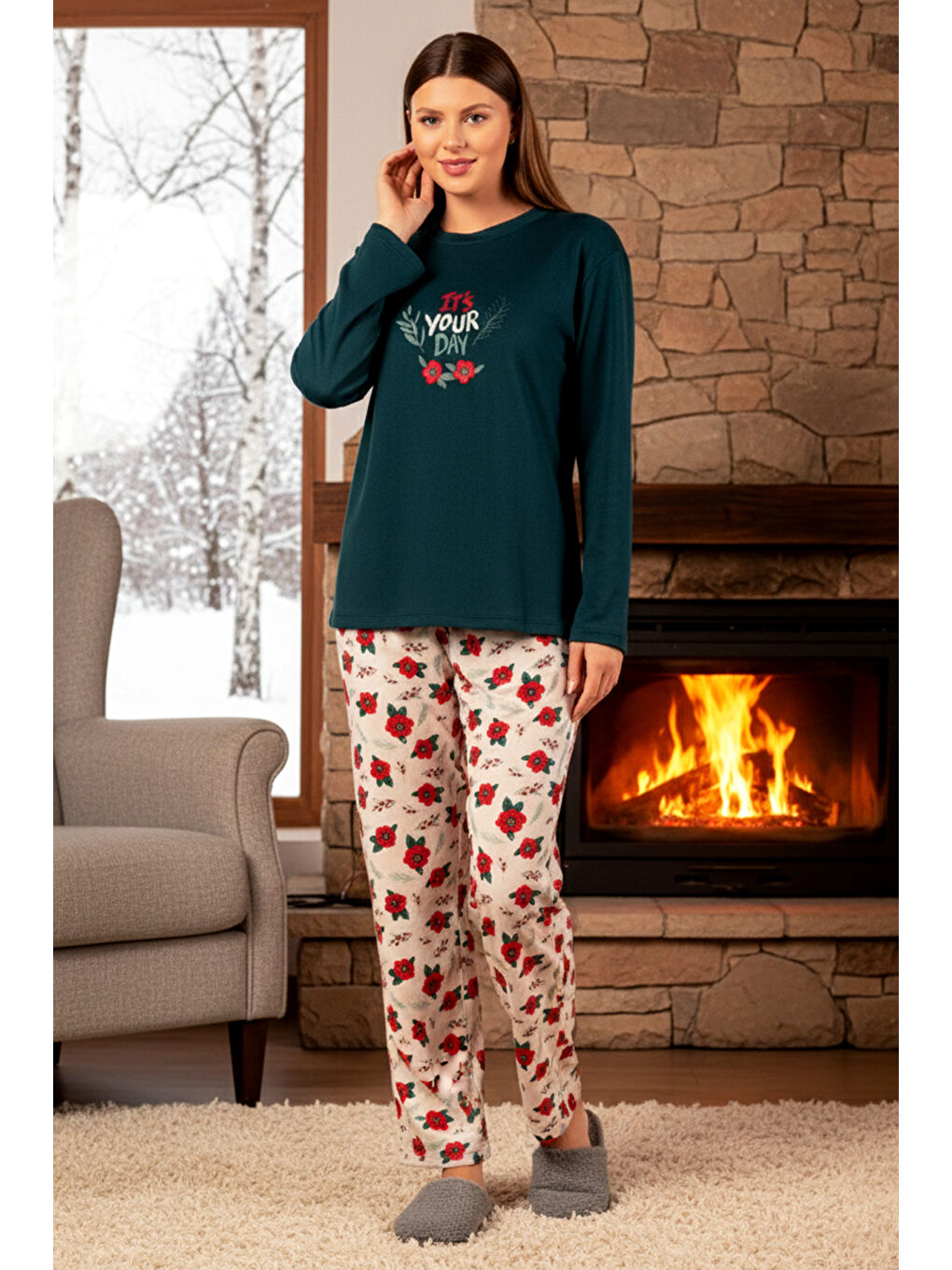 Kadın Termal Uzun Kol Pijama Takımı 4734 Petrol02-2