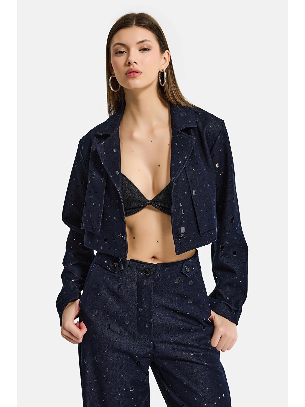 Kadın Lacivert s6-56 Crop Fit Özel Tasarım Delikli Denim Ceket-4