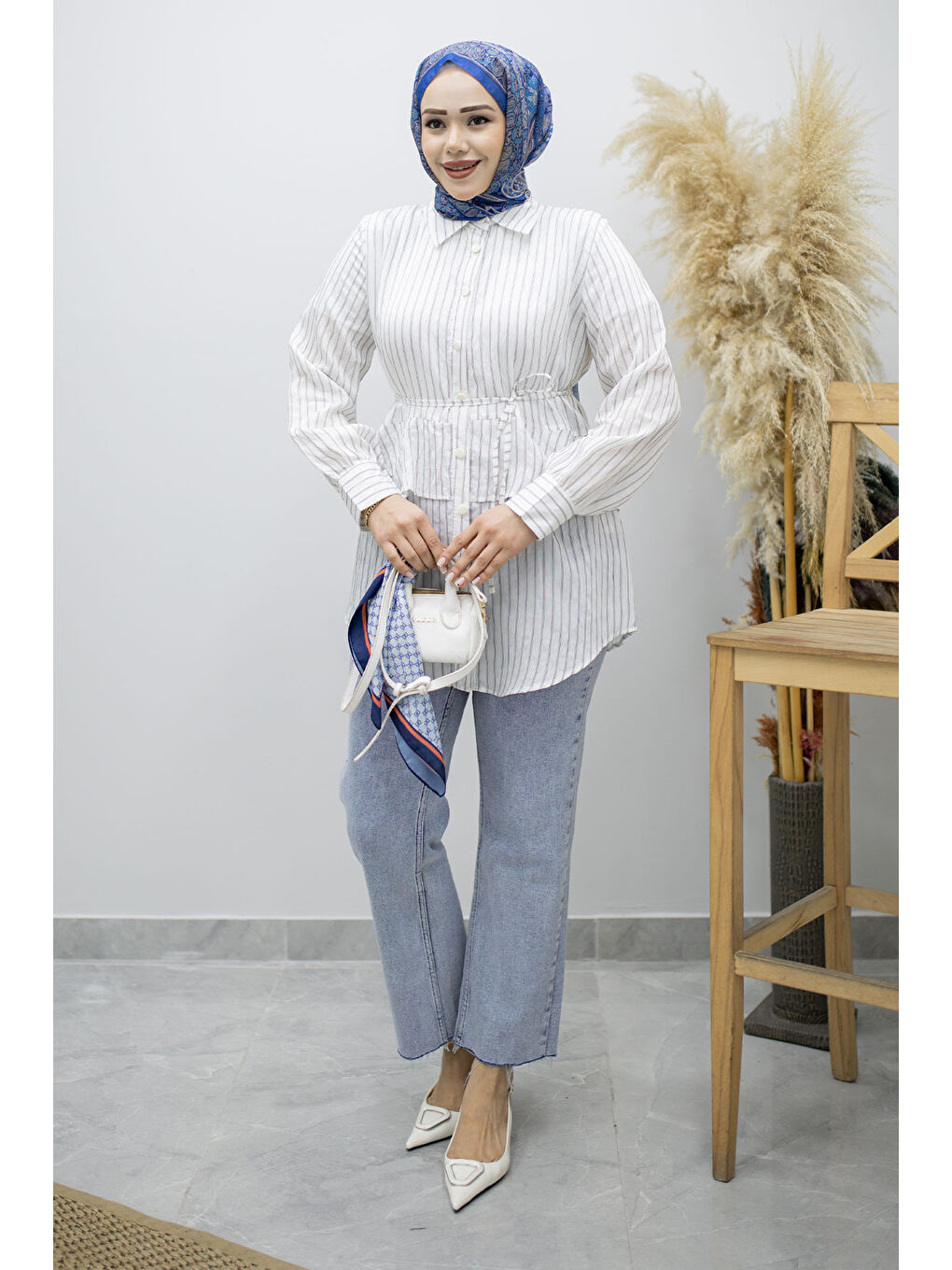 Fırfır Detaylı Çizgili Gömlek TSD260160 Beyaz-4