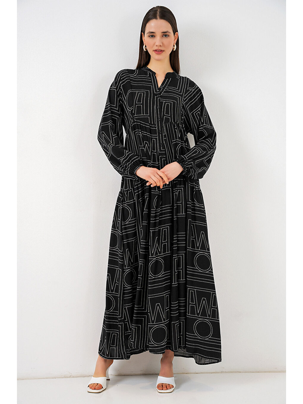 Kadın Desenli Uzun Tesettür Elbise 2585 - Siyah10-2