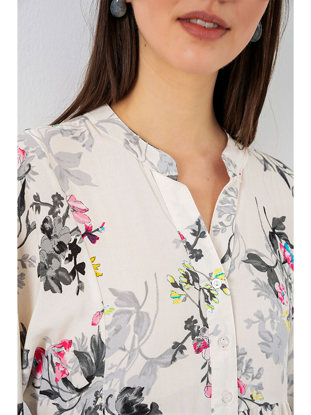 Kadın Desenli Uzun Tesettür Elbise 2585 - F.Gri-4