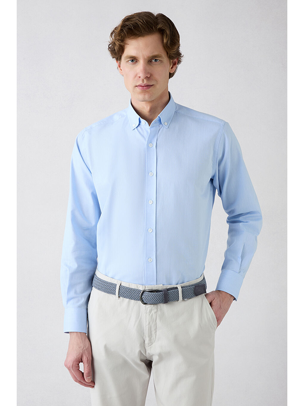 Mavi Uzun Kol Regular Fit Düğmeli Yaka Pamuk Oxford 4 Mevsim Gömlek-5