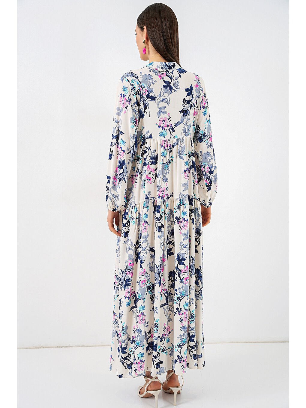 Kadın Desenli Uzun Tesettür Elbise 2585 - Z.Lacivert-4