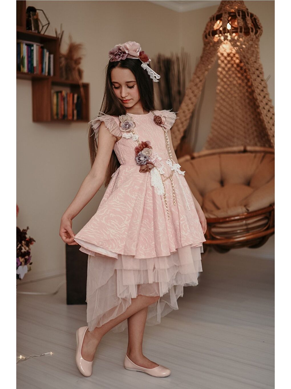 Pembe Özel Tasarım Kız Çocuk Elbise, Arkası Uzun Kız Çocuk Abiye Elbise, Saç Aksesuarlı Elbise_M2027