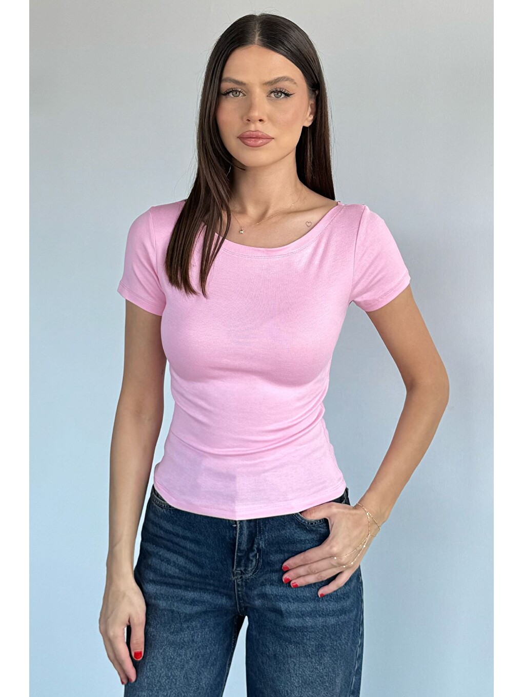 Pembe Kadın Kayık Yaka Elastanlı Bluz