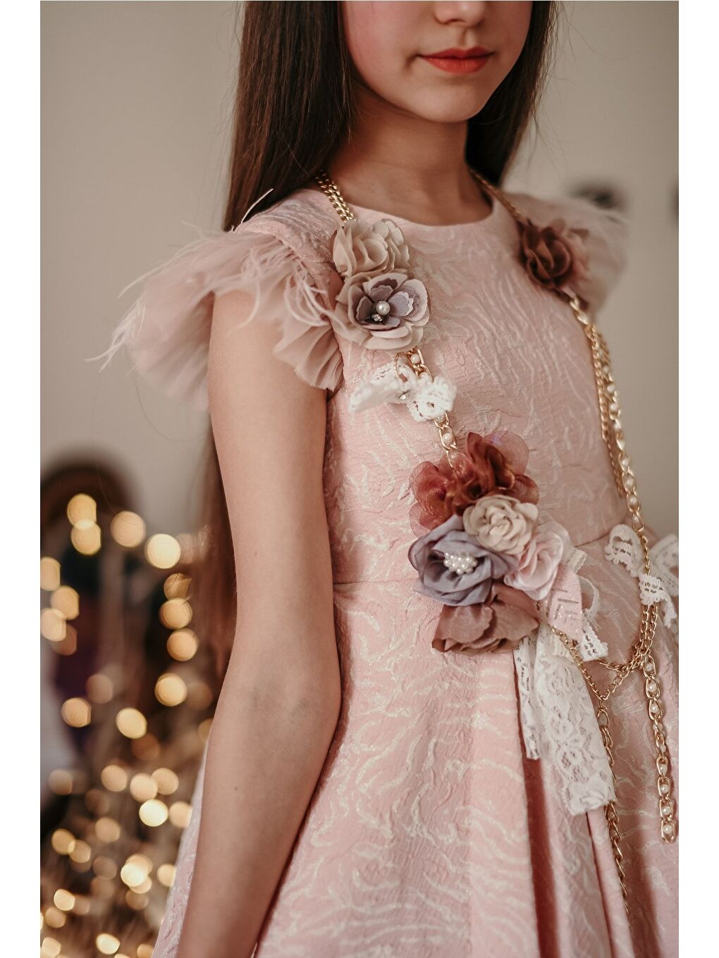 Pembe Özel Tasarım Kız Çocuk Elbise, Arkası Uzun Kız Çocuk Abiye Elbise, Saç Aksesuarlı Elbise_M2027-1