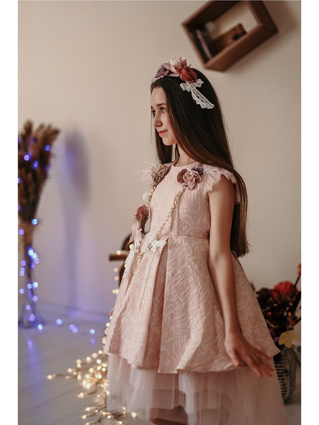 Pembe Özel Tasarım Kız Çocuk Elbise, Arkası Uzun Kız Çocuk Abiye Elbise, Saç Aksesuarlı Elbise_M2027-2