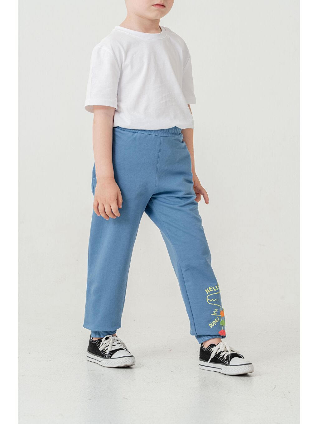 Mavi Sol Alt Paça Baskılı Lazer Kesim Paça Ribalı Erkek Çocuk Eşofman Alt-1