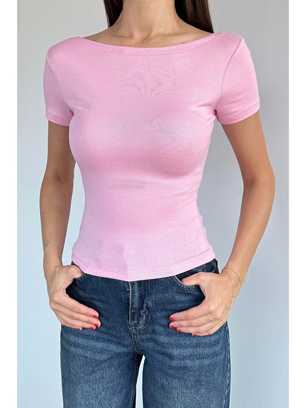 Pembe Kadın Kayık Yaka Elastanlı Bluz-1