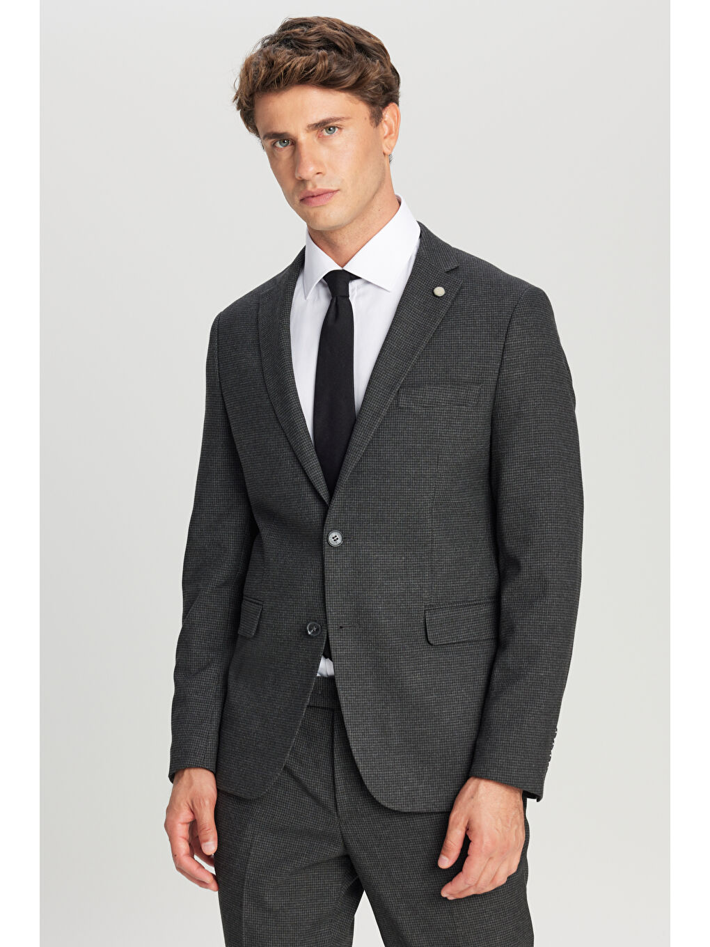 Erkek Antrasit Slim Fit Dar Kesim Mono Yaka Kapak Cepli Desenli Esnek Takım Elbise