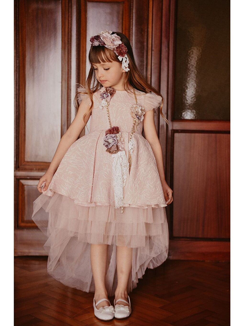 Pembe Özel Tasarım Kız Çocuk Elbise, Arkası Uzun Kız Çocuk Abiye Elbise, Saç Aksesuarlı Elbise_M2027-4