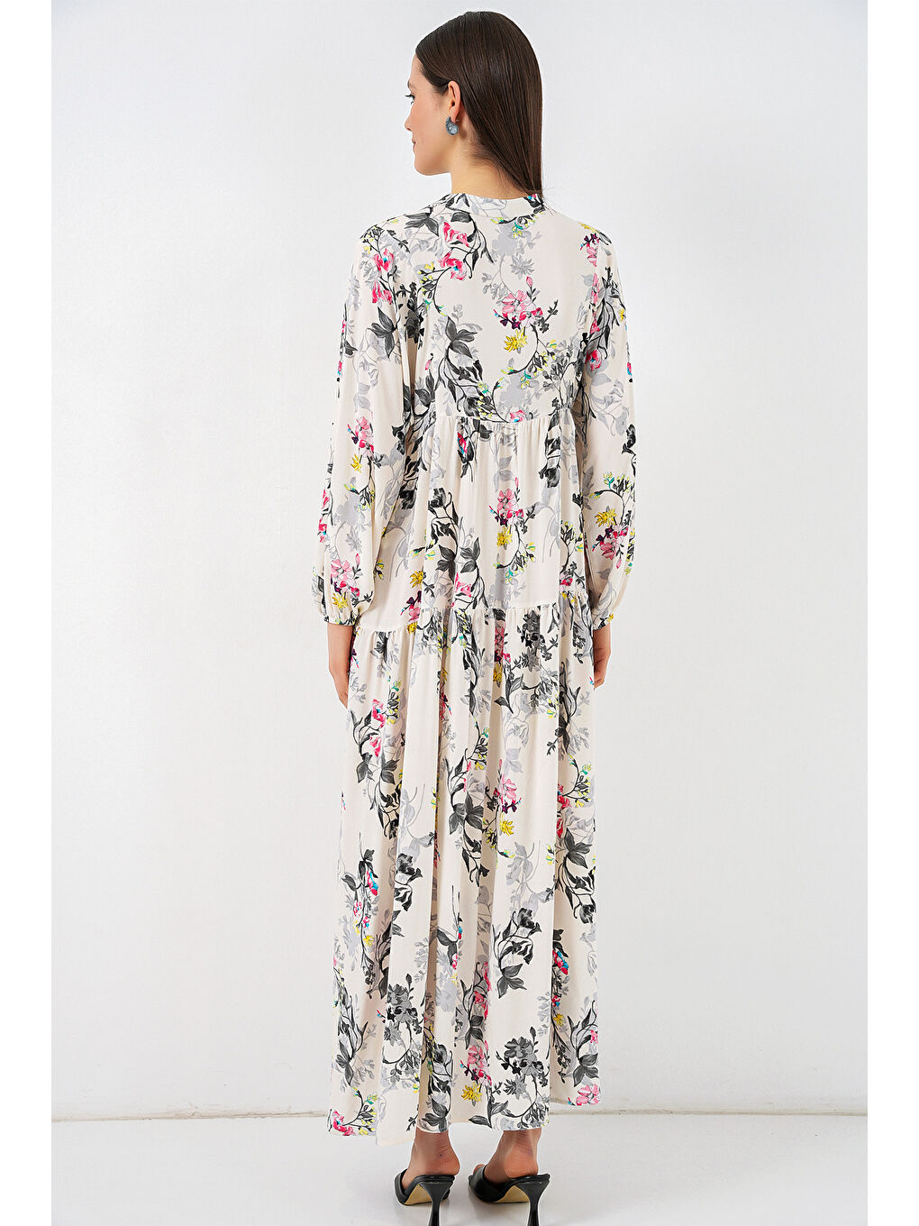 Kadın Desenli Uzun Tesettür Elbise 2585 - F.Gri-5