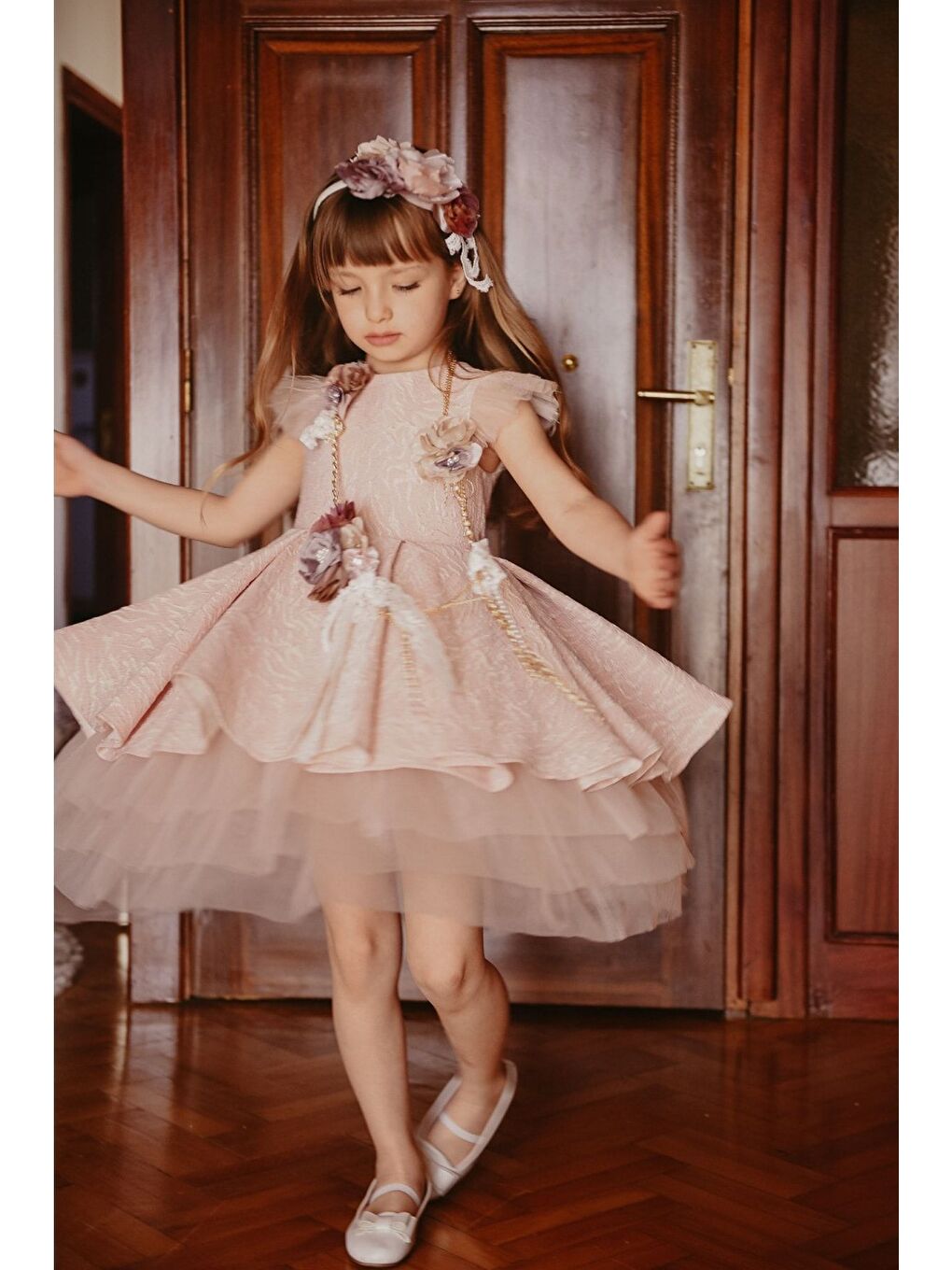 Pembe Özel Tasarım Kız Çocuk Elbise, Arkası Uzun Kız Çocuk Abiye Elbise, Saç Aksesuarlı Elbise_M2027-5