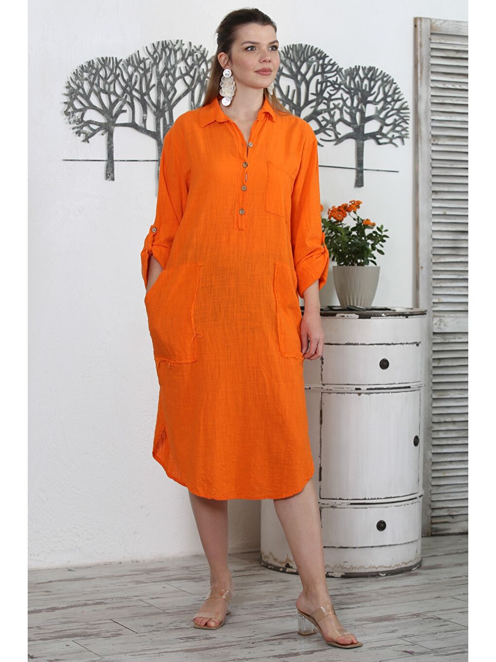 İtalyan Turuncu Gömlek Yaka Uzun Kol Düğmeli Çift Cepli Yıkamalı Dokuma Casual Elbise-1