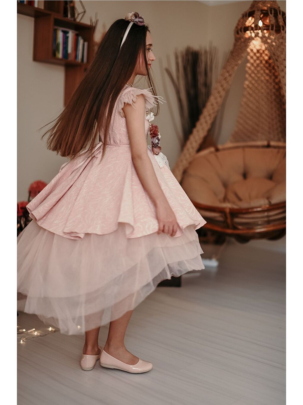 Pembe Özel Tasarım Kız Çocuk Elbise, Arkası Uzun Kız Çocuk Abiye Elbise, Saç Aksesuarlı Elbise_M2027-6