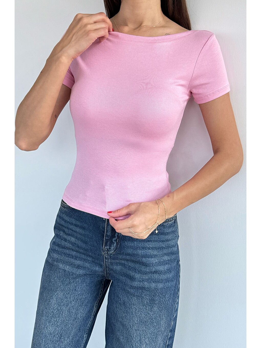Pembe Kadın Kayık Yaka Elastanlı Bluz-2