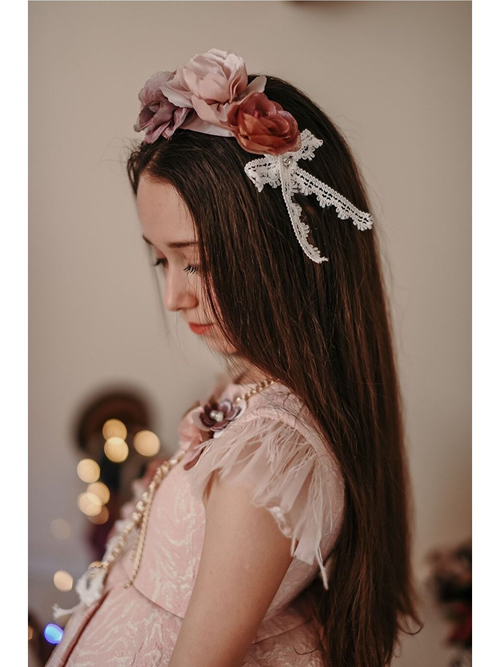 Pembe Özel Tasarım Kız Çocuk Elbise, Arkası Uzun Kız Çocuk Abiye Elbise, Saç Aksesuarlı Elbise_M2027-7