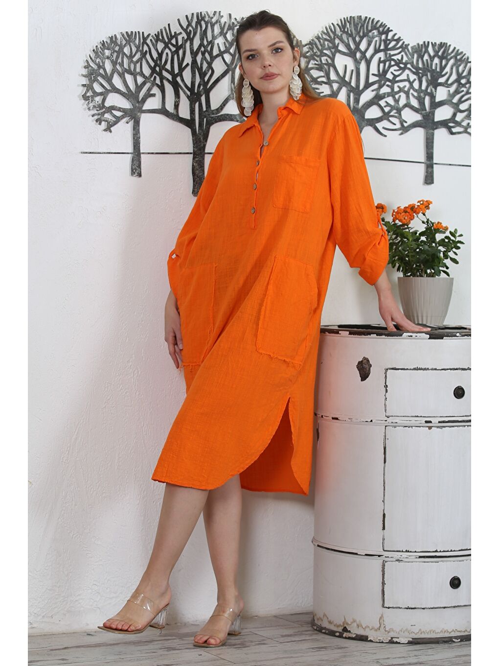 İtalyan Turuncu Gömlek Yaka Uzun Kol Düğmeli Çift Cepli Yıkamalı Dokuma Casual Elbise-2